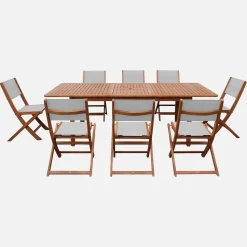 Extendable eucalyptus wood garden table + 8 chairs