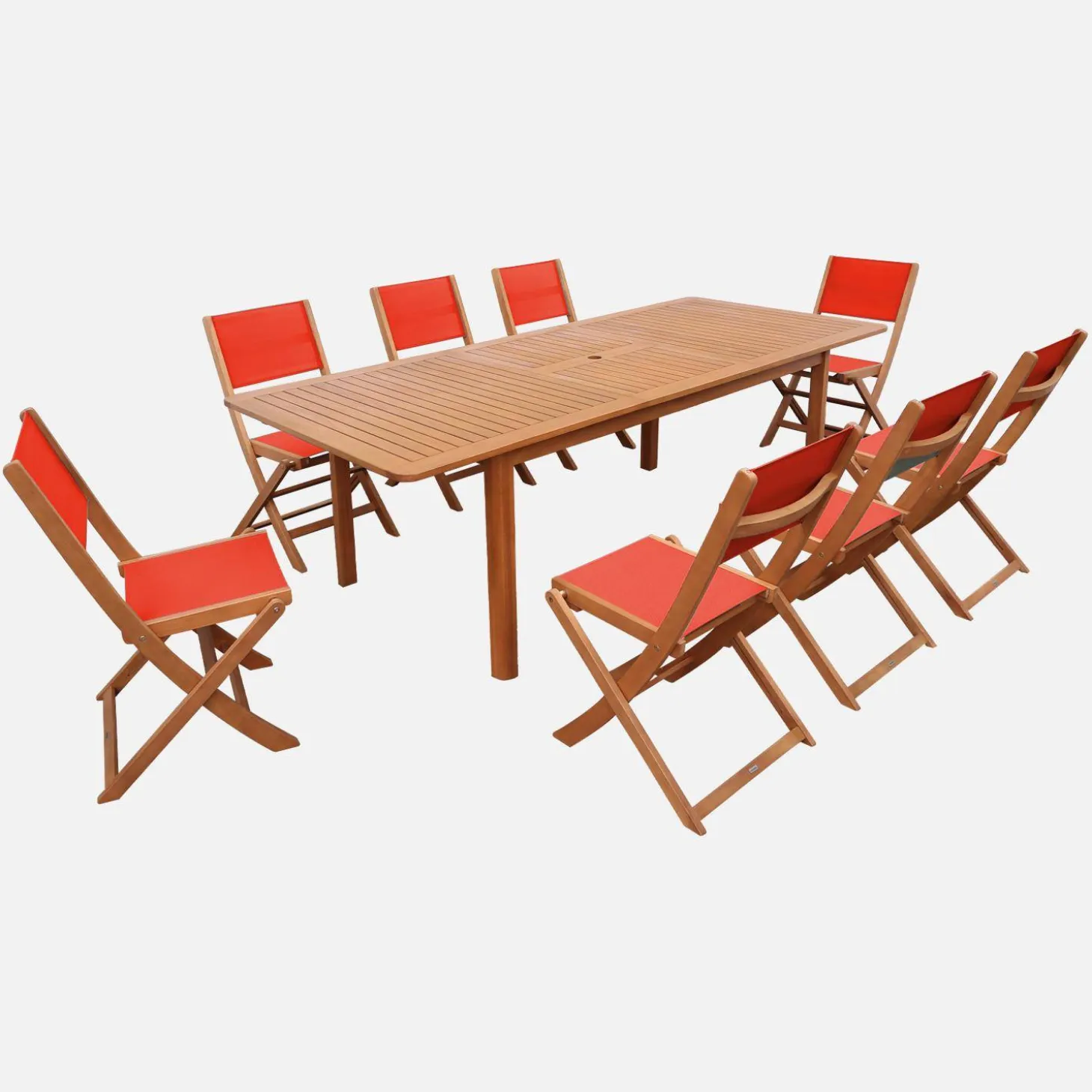 Extendable eucalyptus wood garden table + 8 chairs