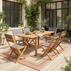 Extendable eucalyptus wood garden table + 6 chairs