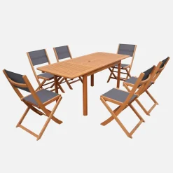 Extendable eucalyptus wood garden table + 6 chairs