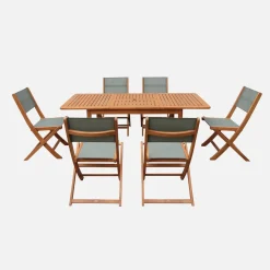 Extendable eucalyptus wood garden table + 6 chairs
