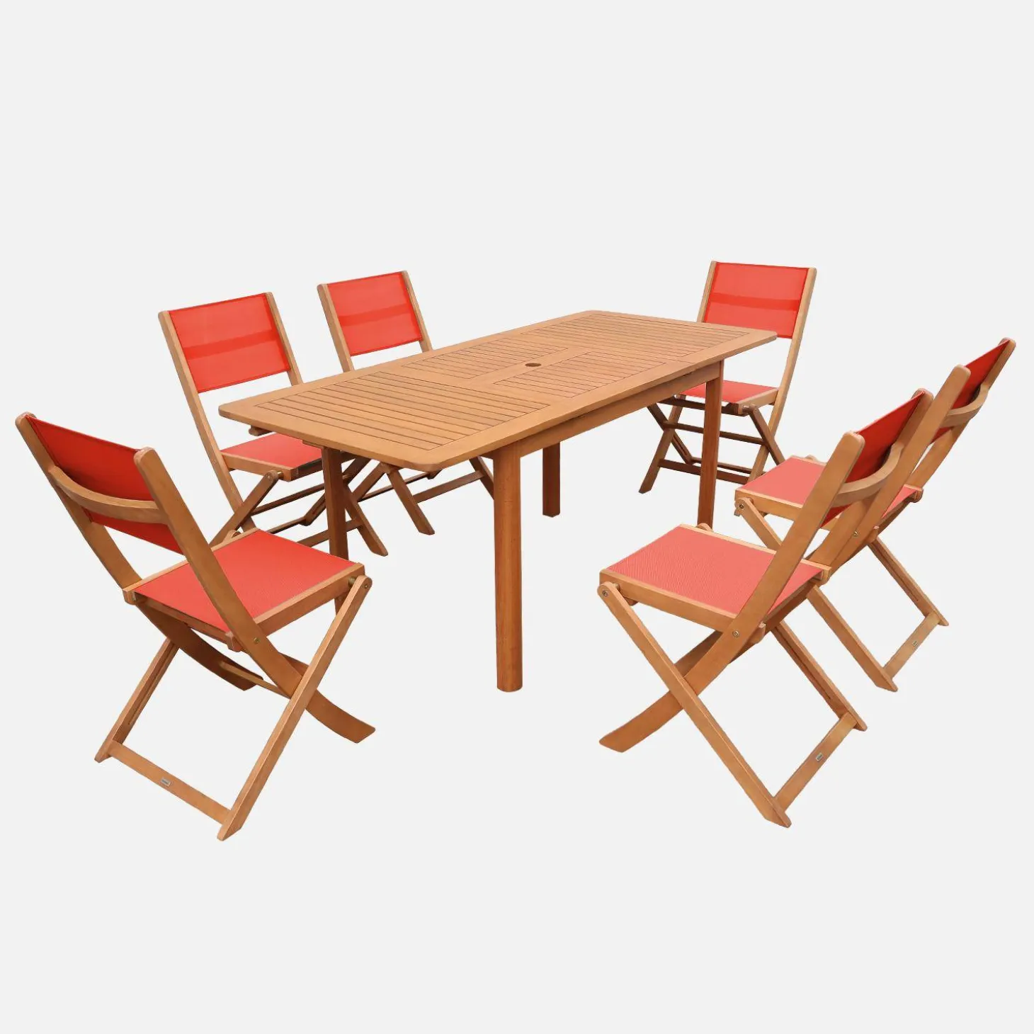 Extendable eucalyptus wood garden table + 6 chairs