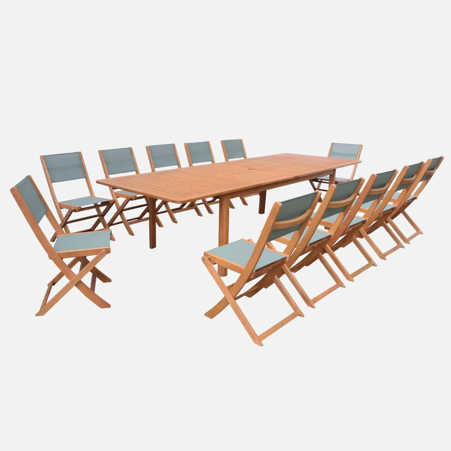 Extendable eucalyptus wood garden table + 12 chairs
