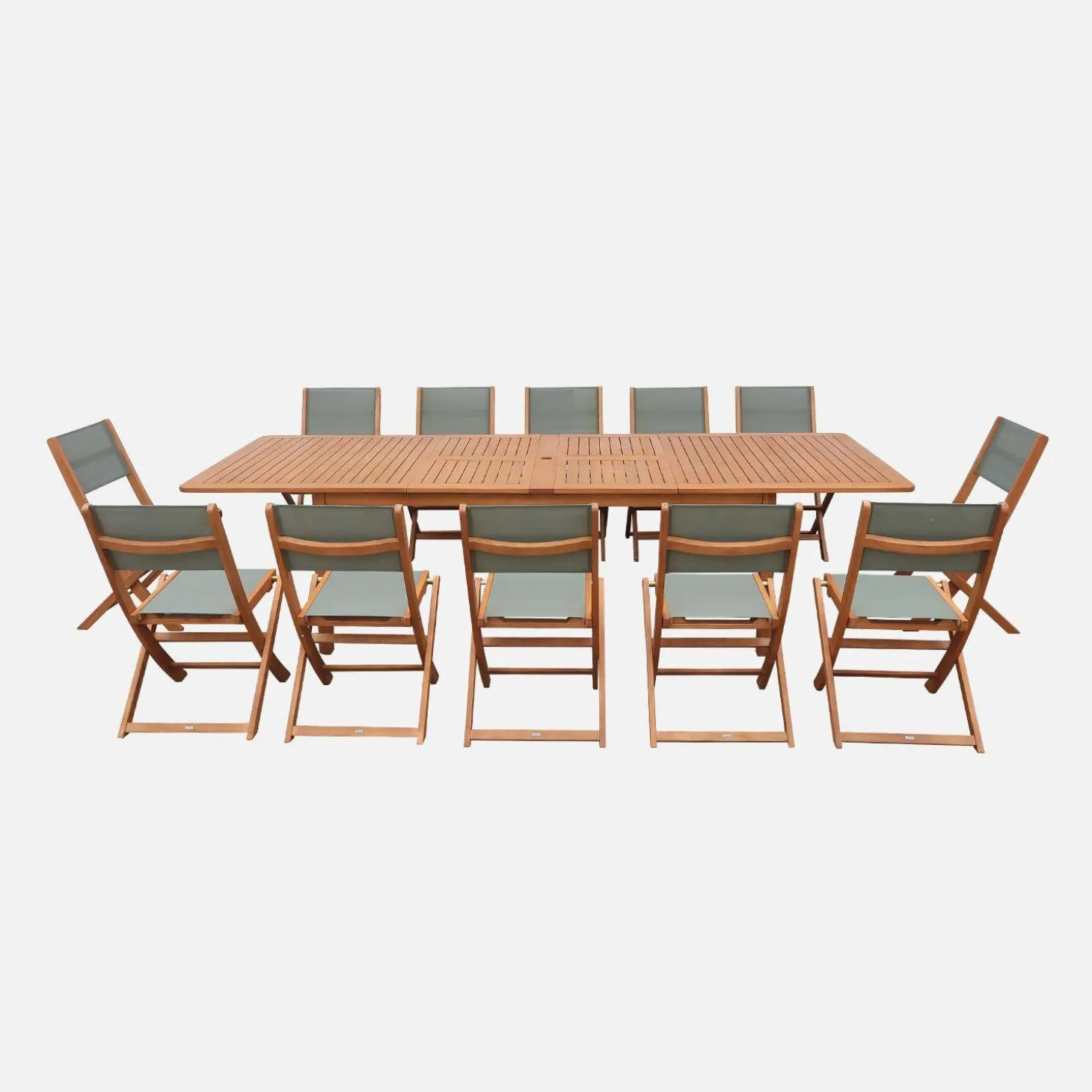 Extendable eucalyptus wood garden table + 12 chairs
