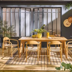 Extendable garden table made of acacia wood + 6 armchairs