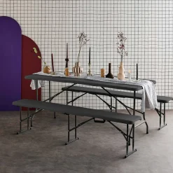 Foldable plastic reception table with bench