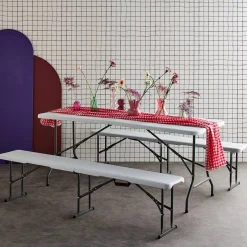 Foldable plastic reception table with bench