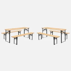 Folding reception table made of fir wood with 2 benches (set of 2)