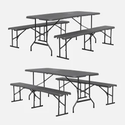 Folding steel reception table with 2 benches (set of 2)