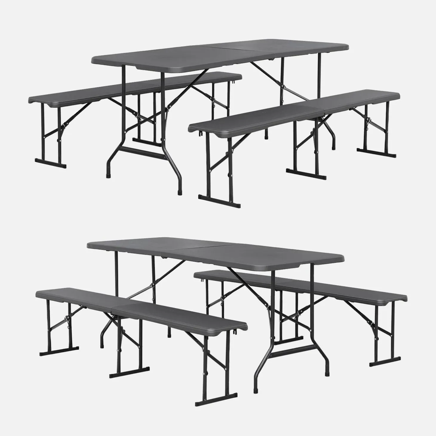 Folding steel reception table with 2 benches (set of 2)