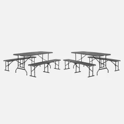 Folding steel reception table with 2 benches (set of 2)