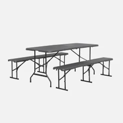 Folding steel reception table with 2 benches (set of 2)