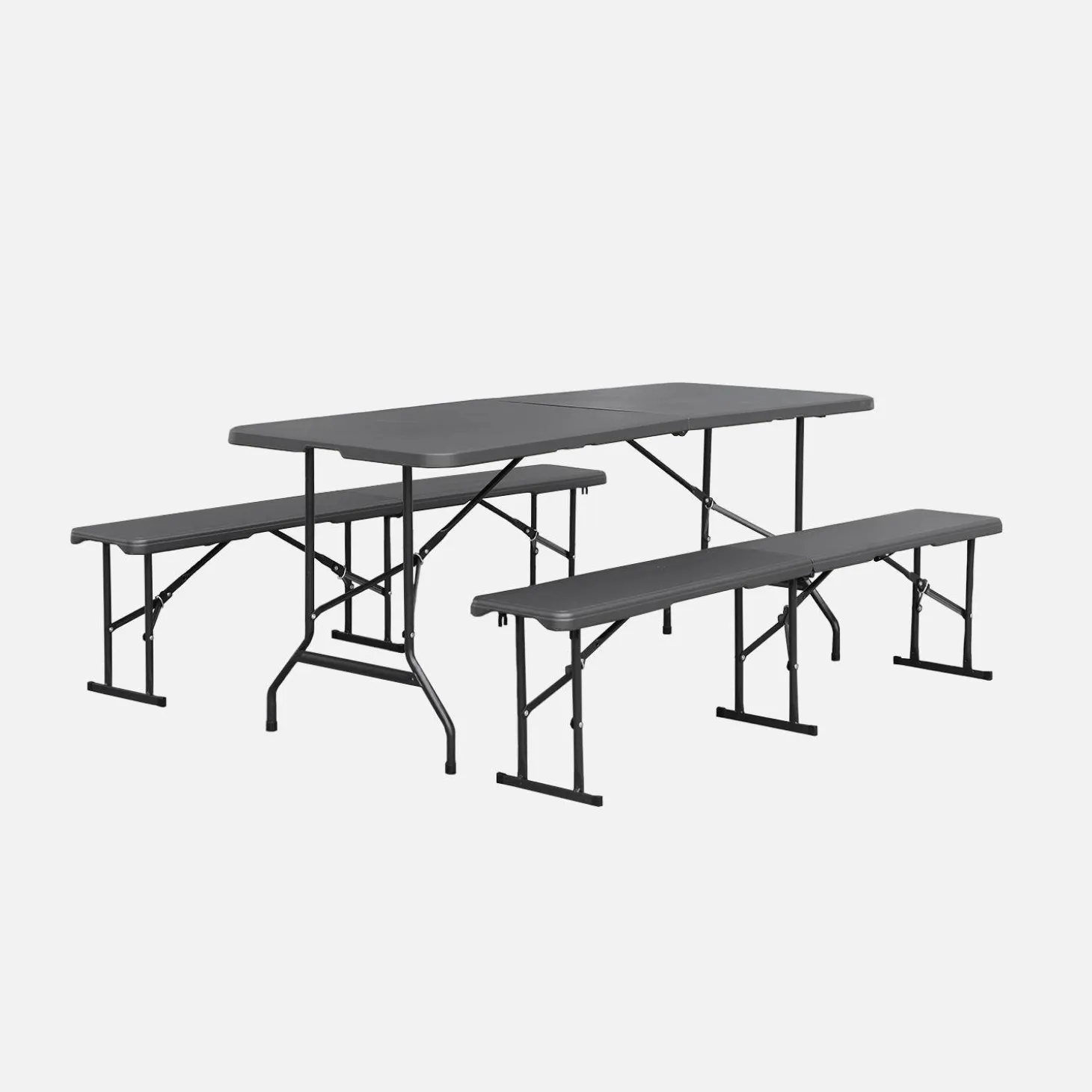 Folding steel reception table with 2 benches (set of 2)