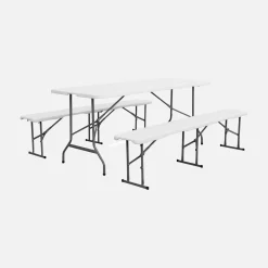 Folding steel reception table with 2 benches (set of 2)