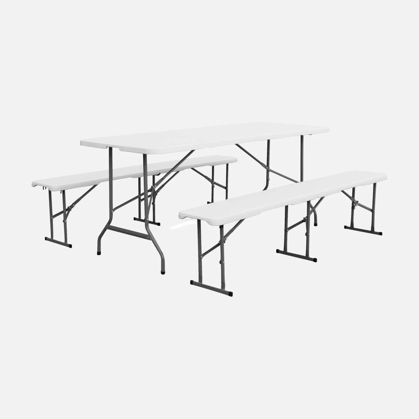 Folding steel reception table with 2 benches (set of 2)
