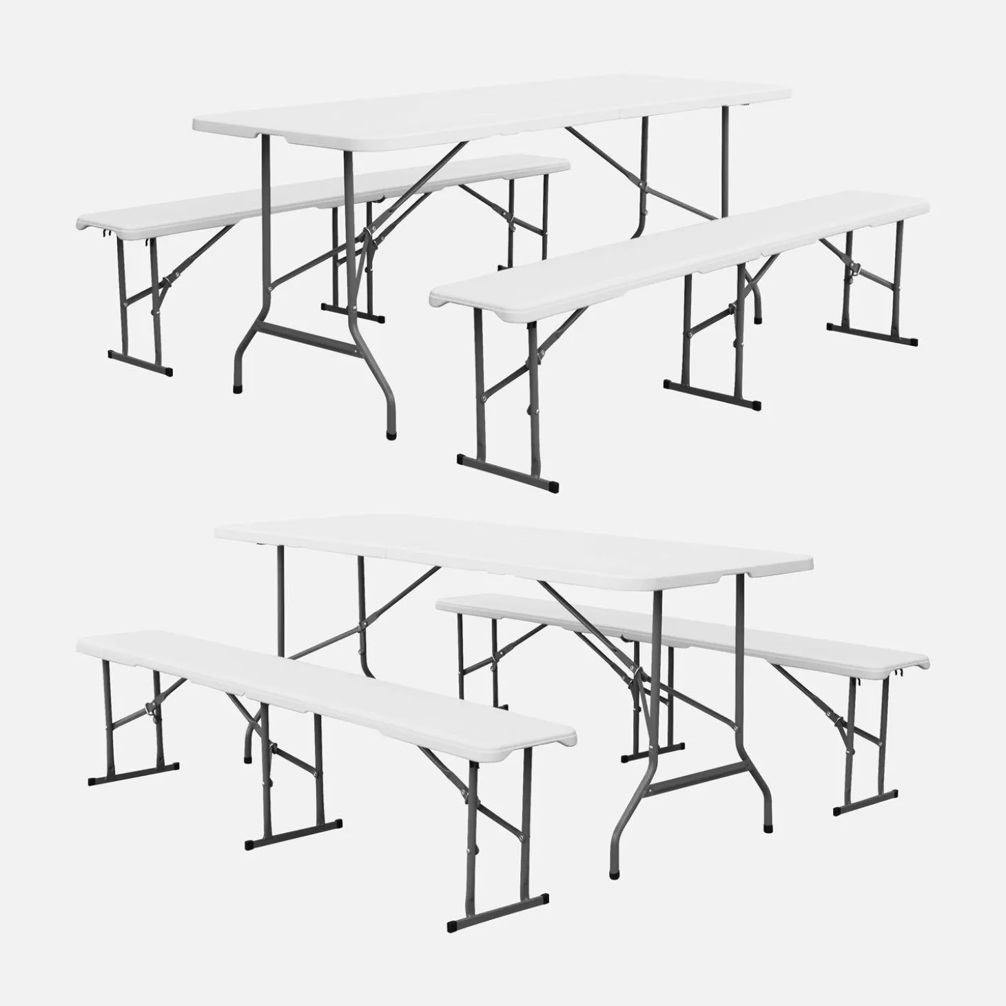 Folding steel reception table with 2 benches (set of 2)