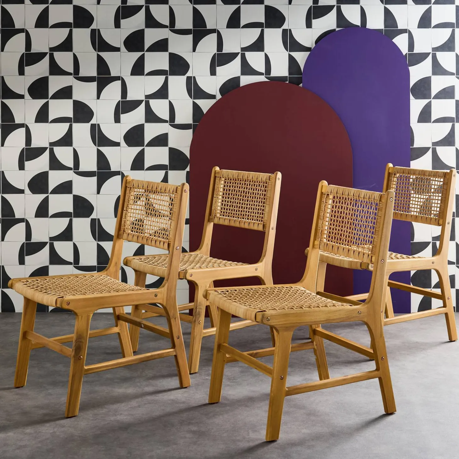 Garden chair acacia wood and cane (set of 4)