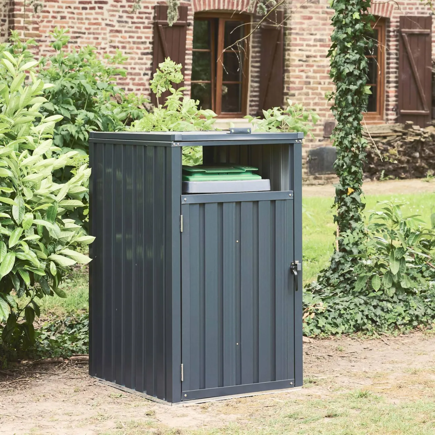 Grey galvanised steel bin shed