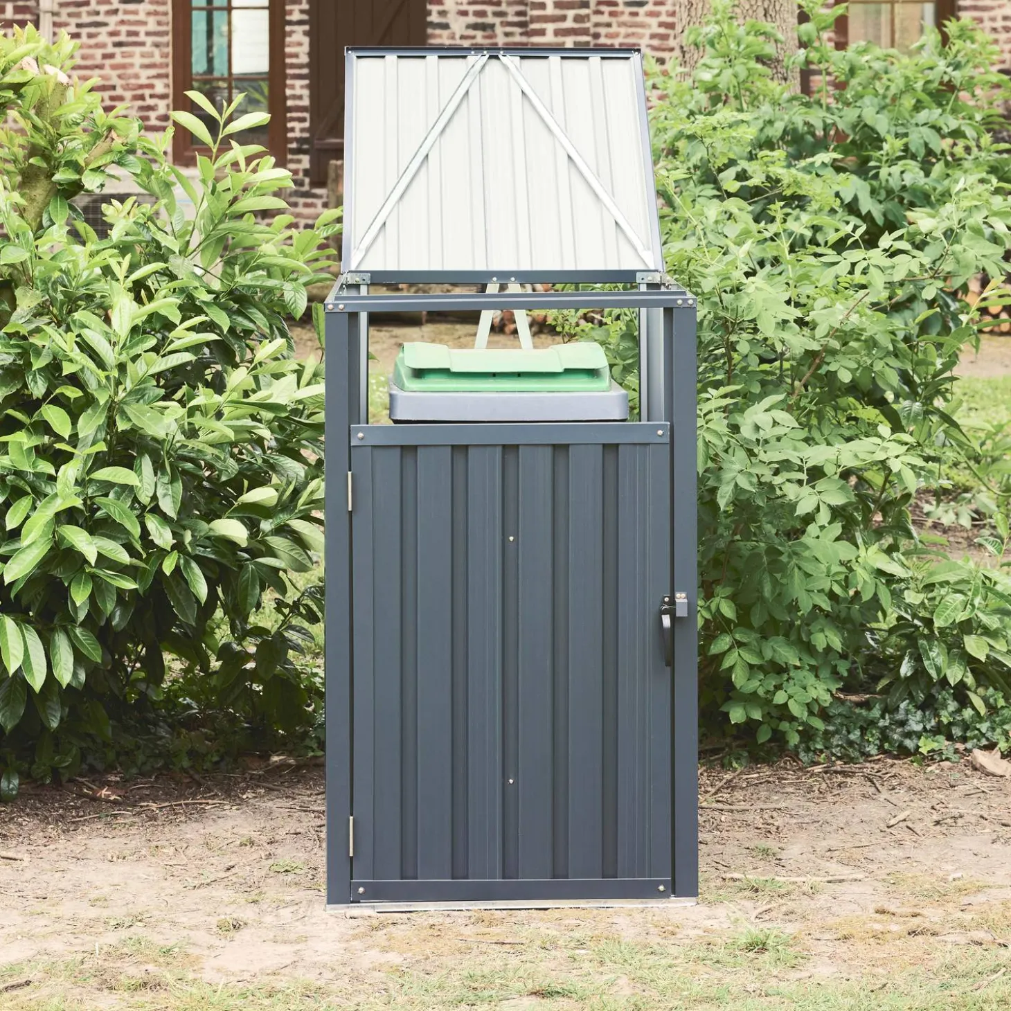 Grey galvanised steel bin shed