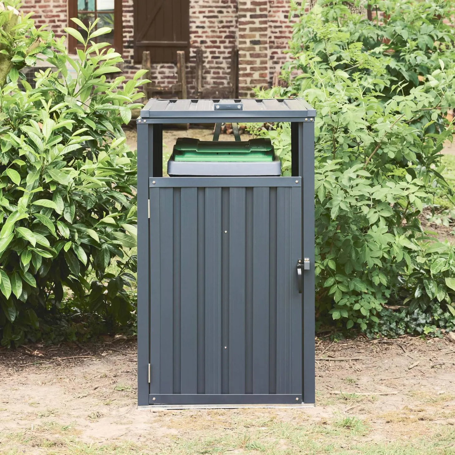 Grey galvanised steel bin shed