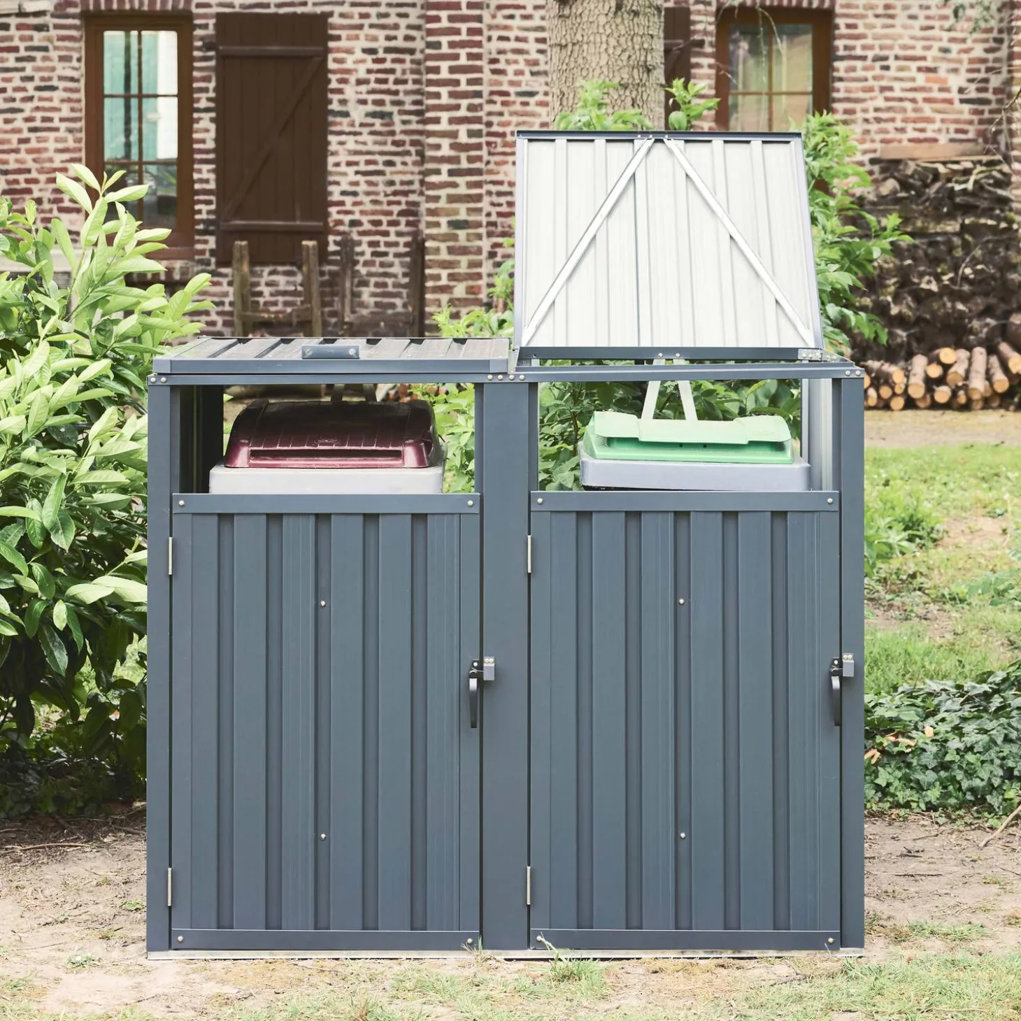 Grey galvanised steel bin shed