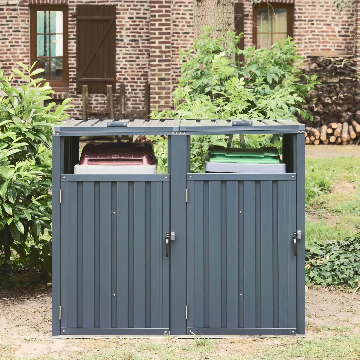 Grey galvanised steel bin shed