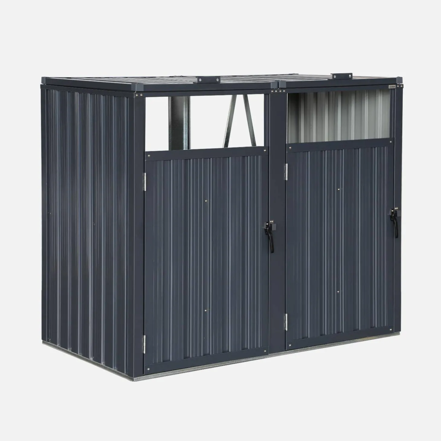 Grey galvanised steel bin shed