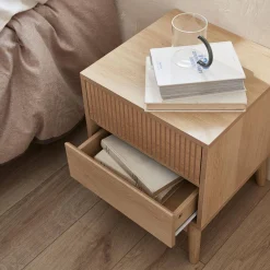 Grooved bedside table with wood effect
