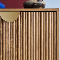 Grooved mango wood effect shoe cabinet with 3 drawers