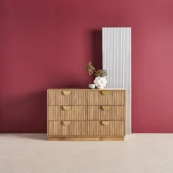 Grooved mango wood effect sideboard with 6 drawers
