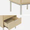 Grooved wood bedside table with metal effect