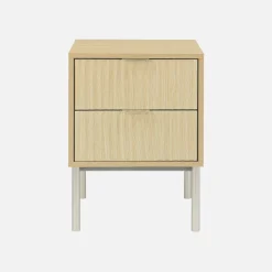 Grooved wood bedside table with metal effect