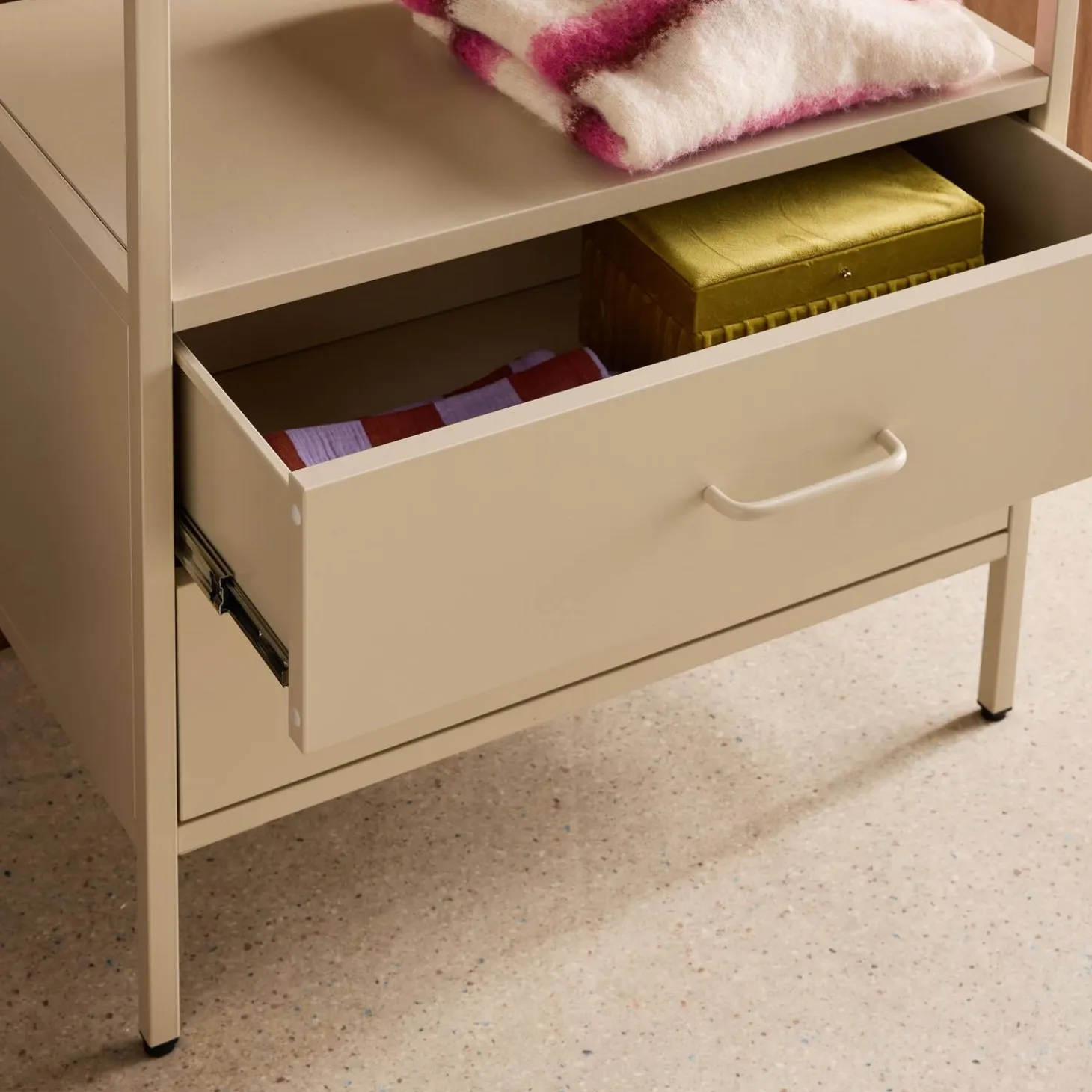 Hallway furniture, metal coat rack with hanging rod and 2 drawers