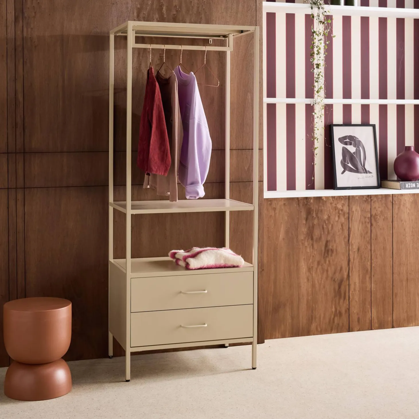 Hallway furniture, metal coat rack with hanging rod and 2 drawers