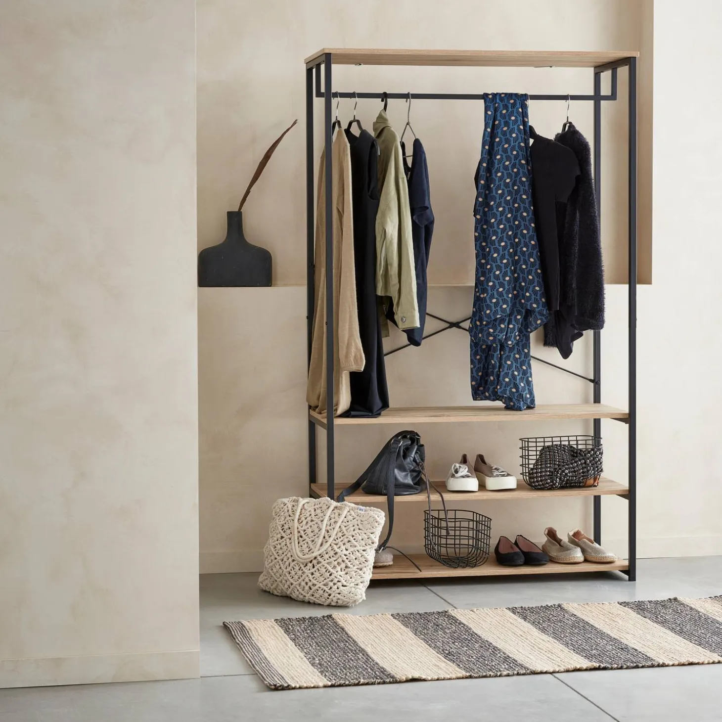 Hallway metal and wood-effect coat and shoe rack