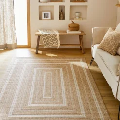 Indoor/outdoor jute hessian effect beige rug with patterns