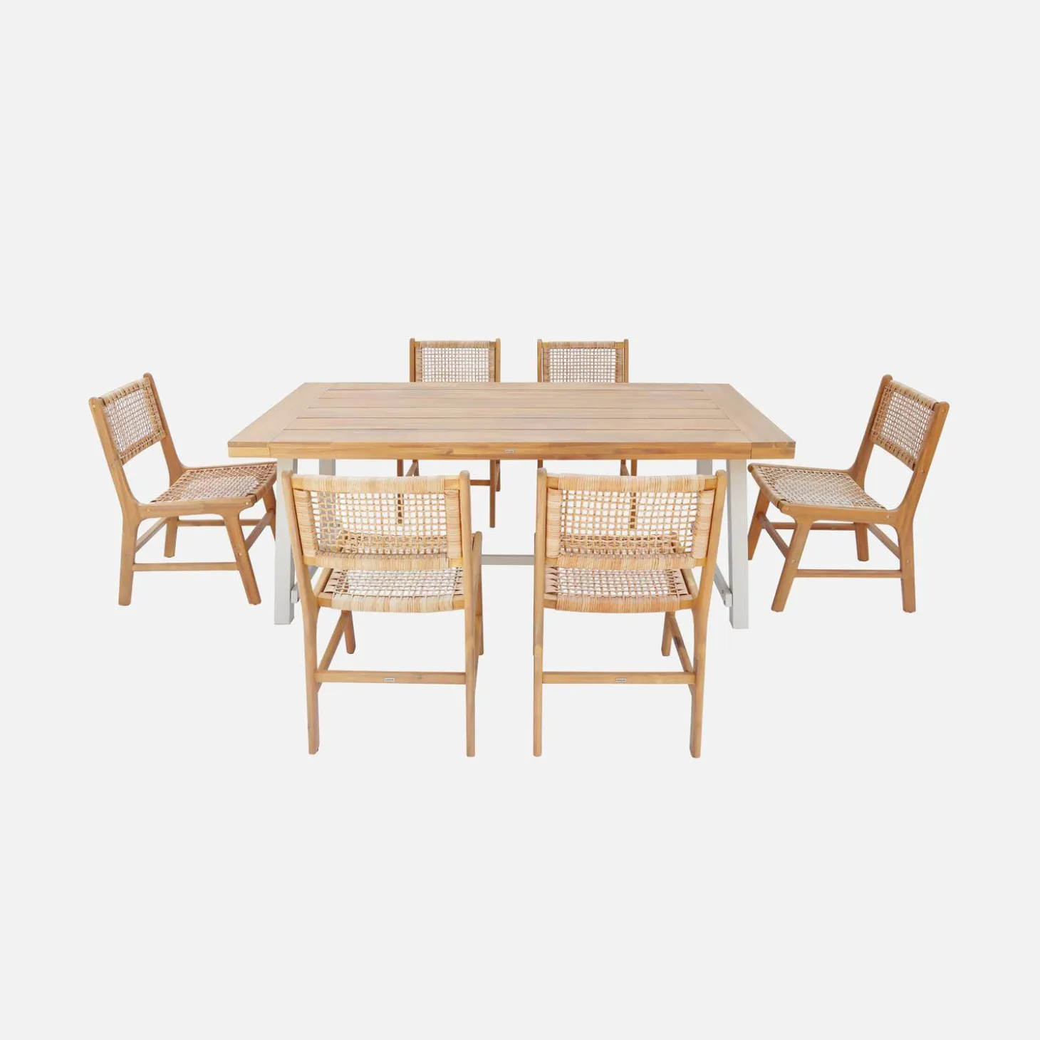 Indoor/outdoor table in acacia wood and metal + 6 woven resin seats