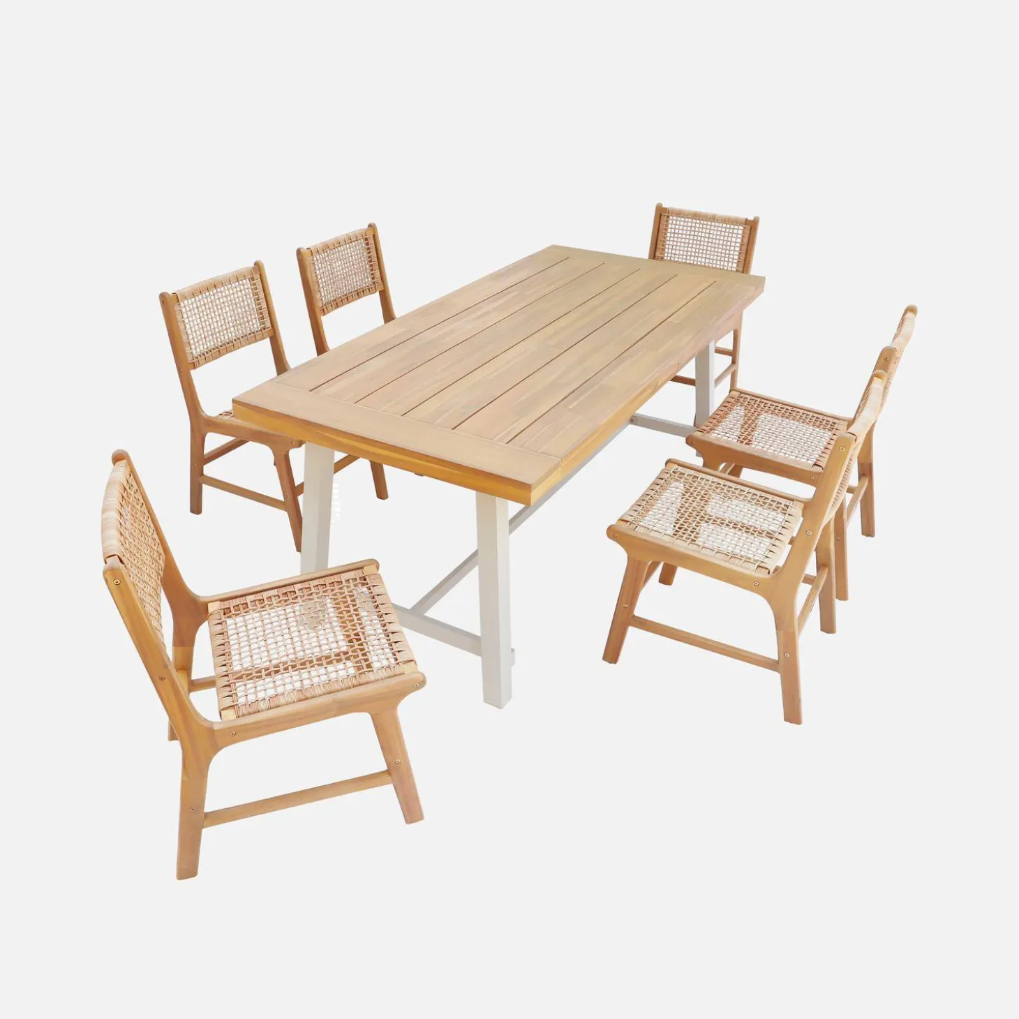 Indoor/outdoor table in acacia wood and metal + 6 woven resin seats