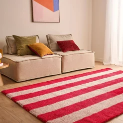 Indoor rug with red and pink stripes