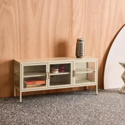 Industrial metal and tempered glass TV stand with 3 doors 120cm