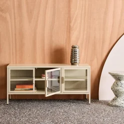 Industrial metal and tempered glass TV stand with 3 doors 120cm