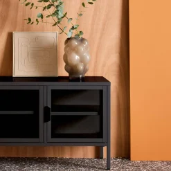 Industrial metal and tempered glass TV stand with 3 doors 120cm