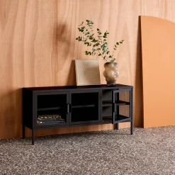 Industrial metal and tempered glass TV stand with 3 doors 120cm