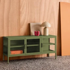 Industrial metal and tempered glass TV stand with 3 doors 120cm