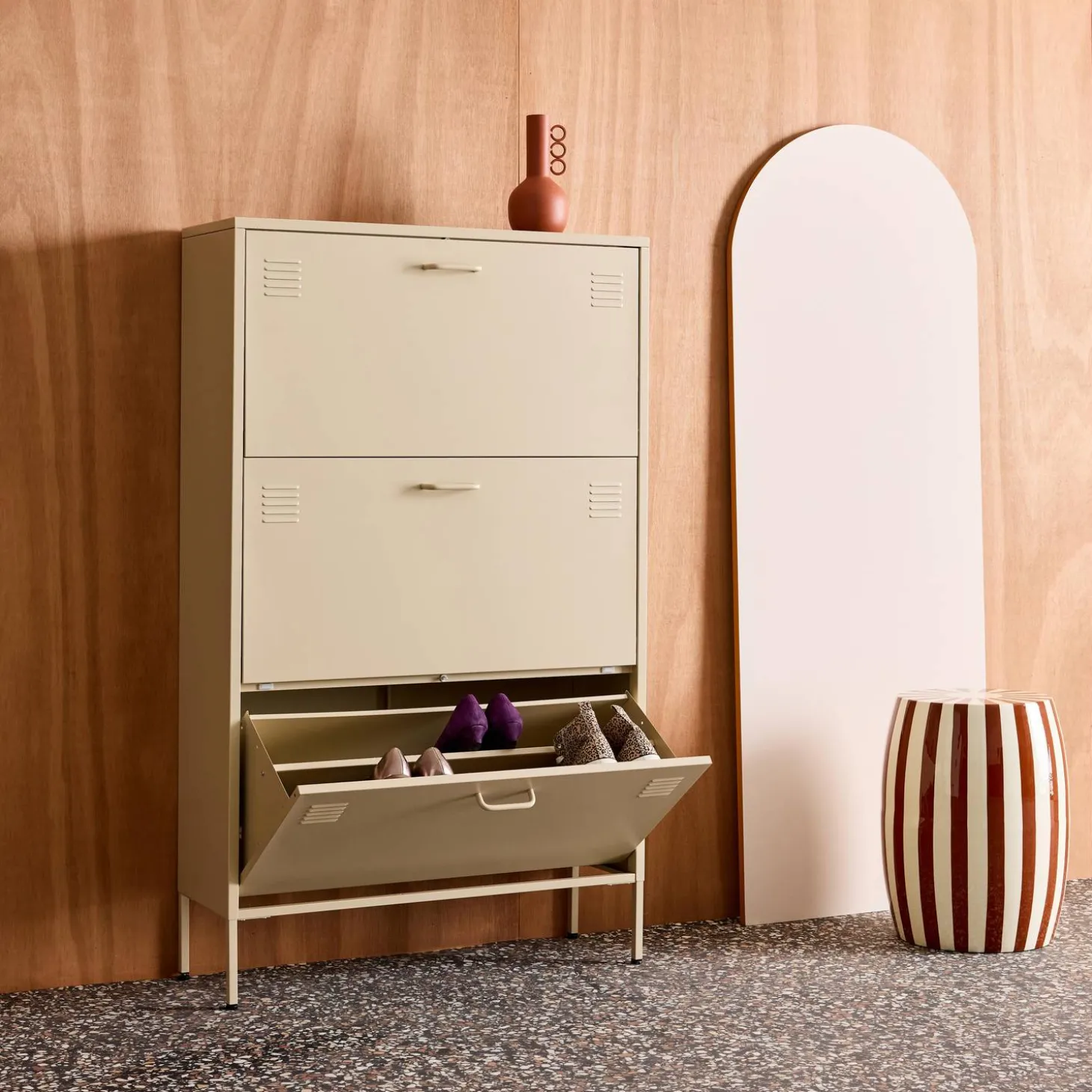 Industrial Metal Shoe Cabinet with 3 Drawers