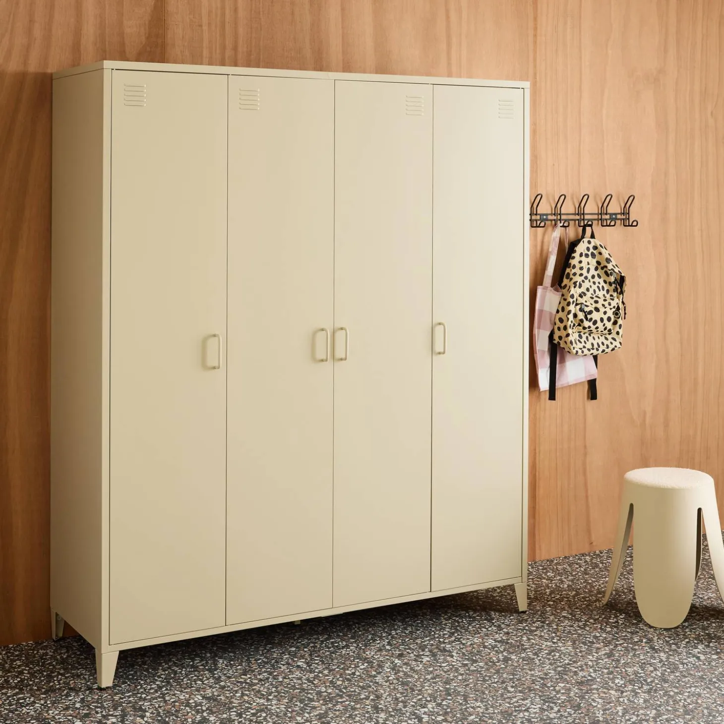 Industrial metal wardrobe for bedroom, 4 doors, 10 shelves, 1 hanging rail