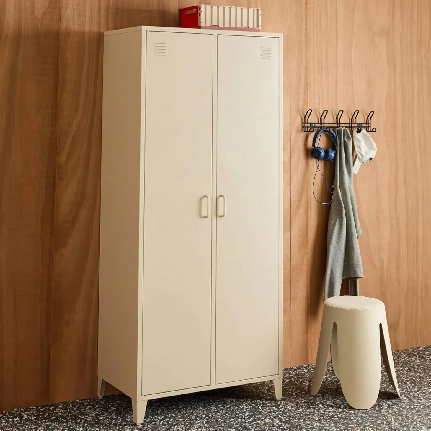 Industrial metal wardrobe for bedroom closet with 2 doors, 4 shelves, 1 hanging rail