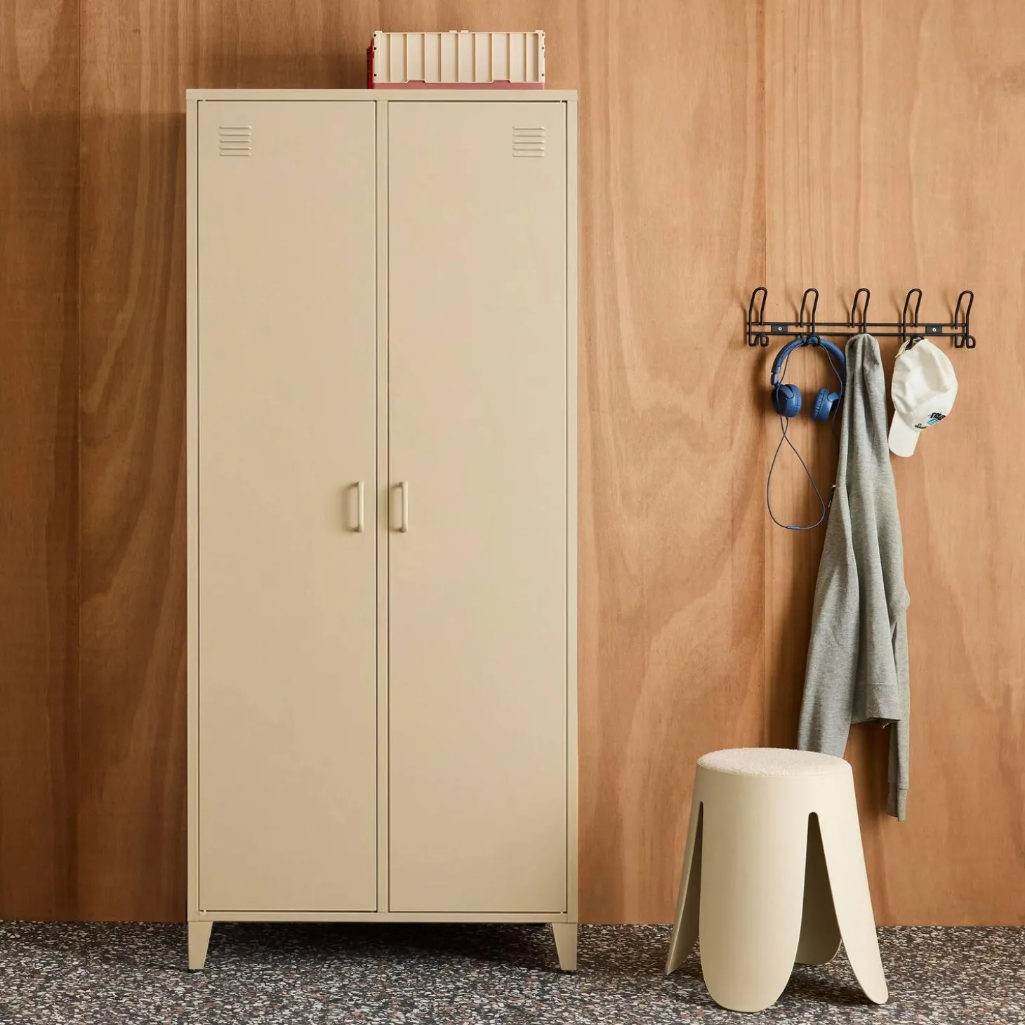 Industrial metal wardrobe for bedroom closet with 2 doors, 4 shelves, 1 hanging rail