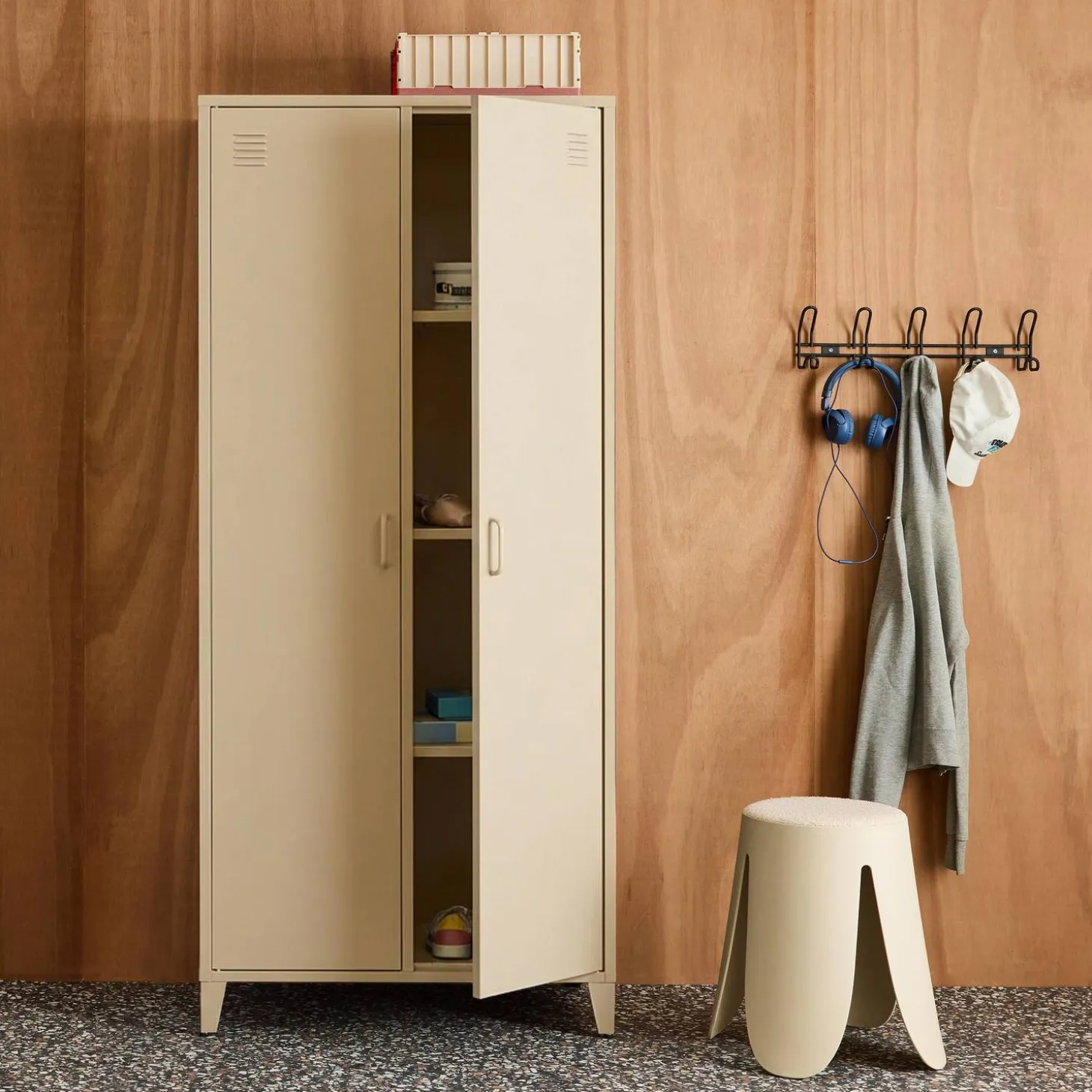 Industrial metal wardrobe for bedroom closet with 2 doors, 4 shelves, 1 hanging rail