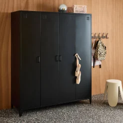 Industrial metal wardrobe for bedroom, 4 doors, 10 shelves, 1 hanging rail
